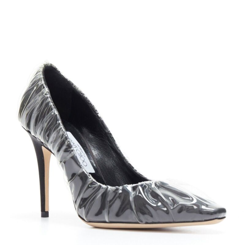 Women's Off-White Jimmy Choo black satin transparent ruche pumps