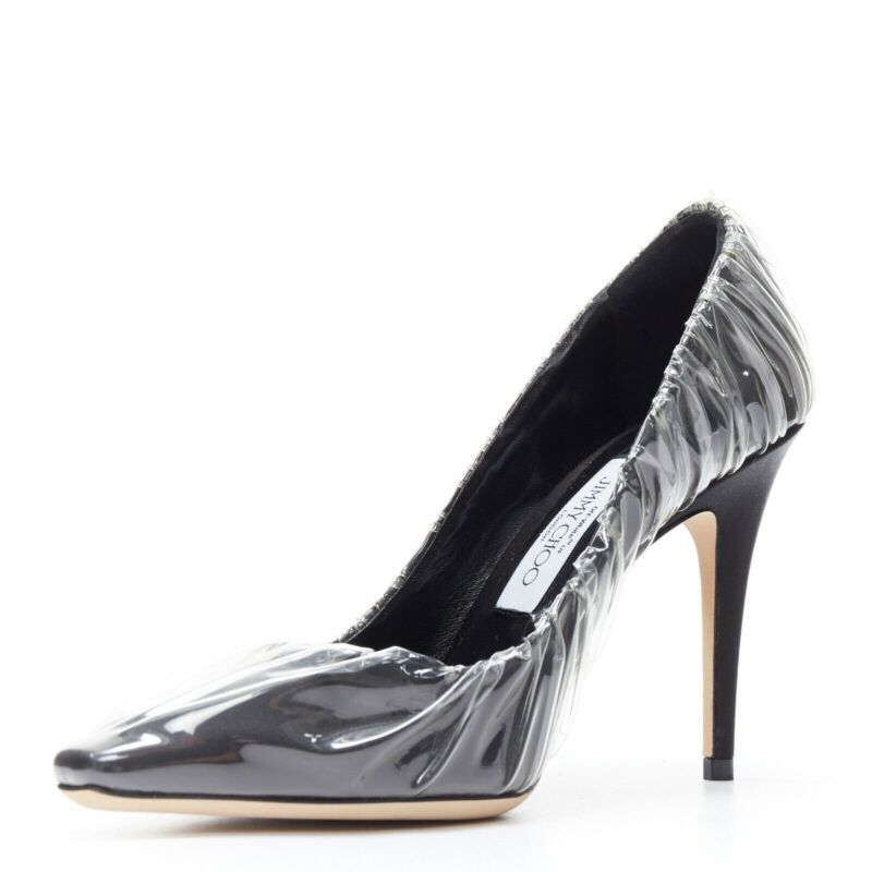Women's Off-White Jimmy Choo black satin transparent ruche pumps