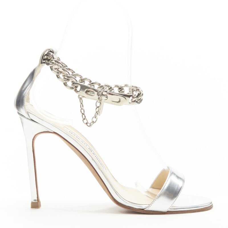 Women's Manolo Blahnik silver chunky chain lock ankle strap sandal
