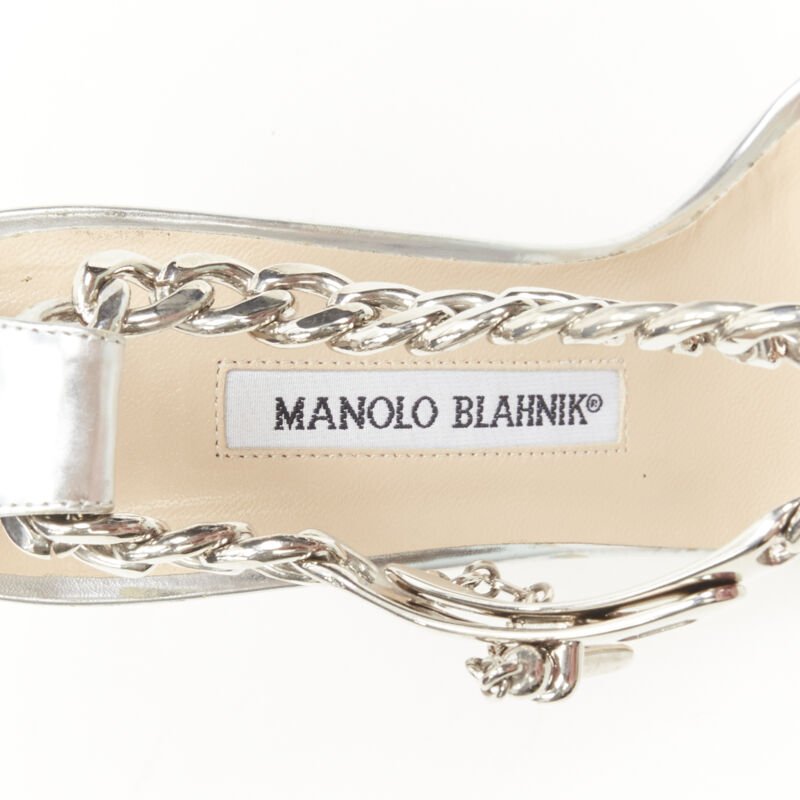 Women's Manolo Blahnik silver chunky chain lock ankle strap sandal