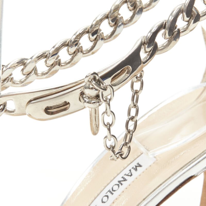 Women's Manolo Blahnik silver chunky chain lock ankle strap sandal