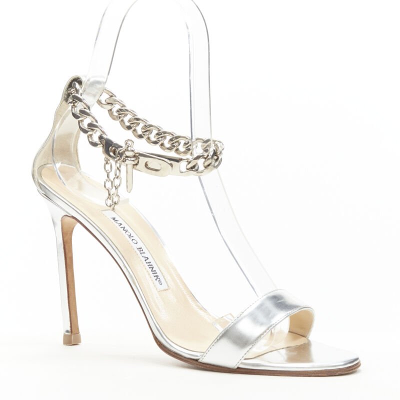Women's Manolo Blahnik silver chunky chain lock ankle strap sandal