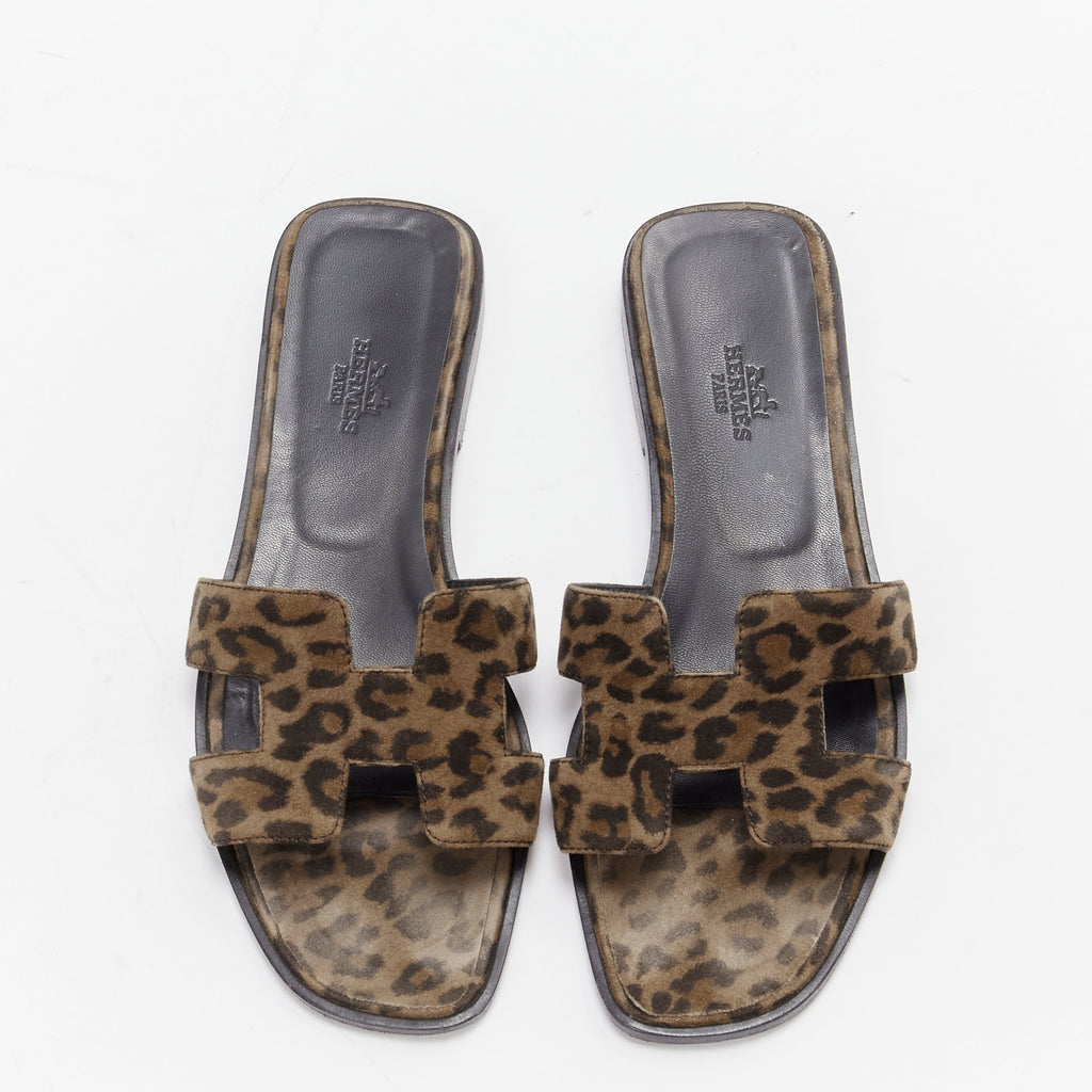Women's Hermes Oran H logo signature leopard print leather sandals
