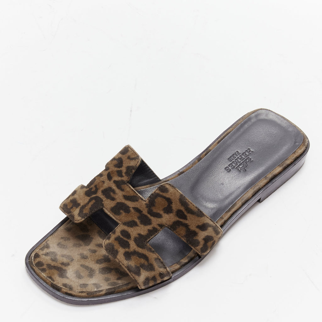 Women's Hermes Oran H logo signature leopard print leather sandals