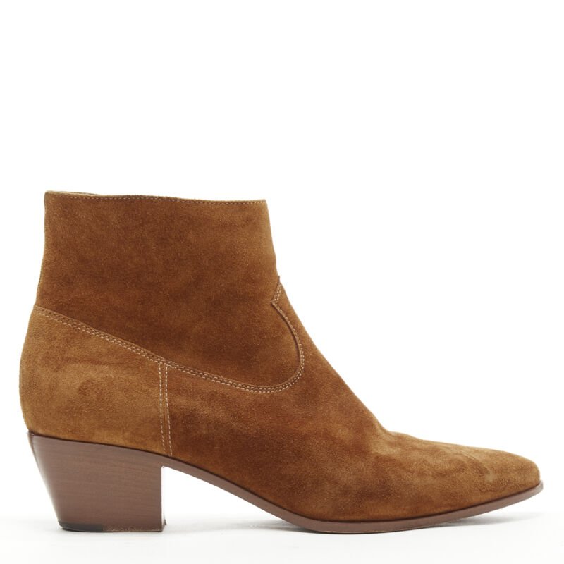 Women's Saint Laurent Wyatt tan brown suede almond toe boots