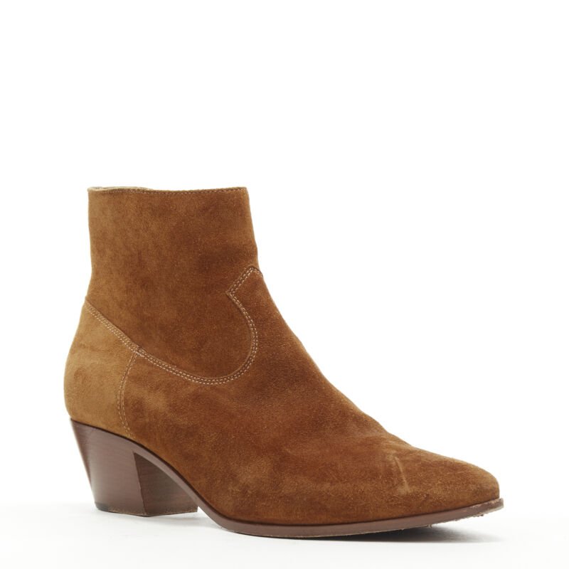 Women's Saint Laurent Wyatt tan brown suede almond toe boots