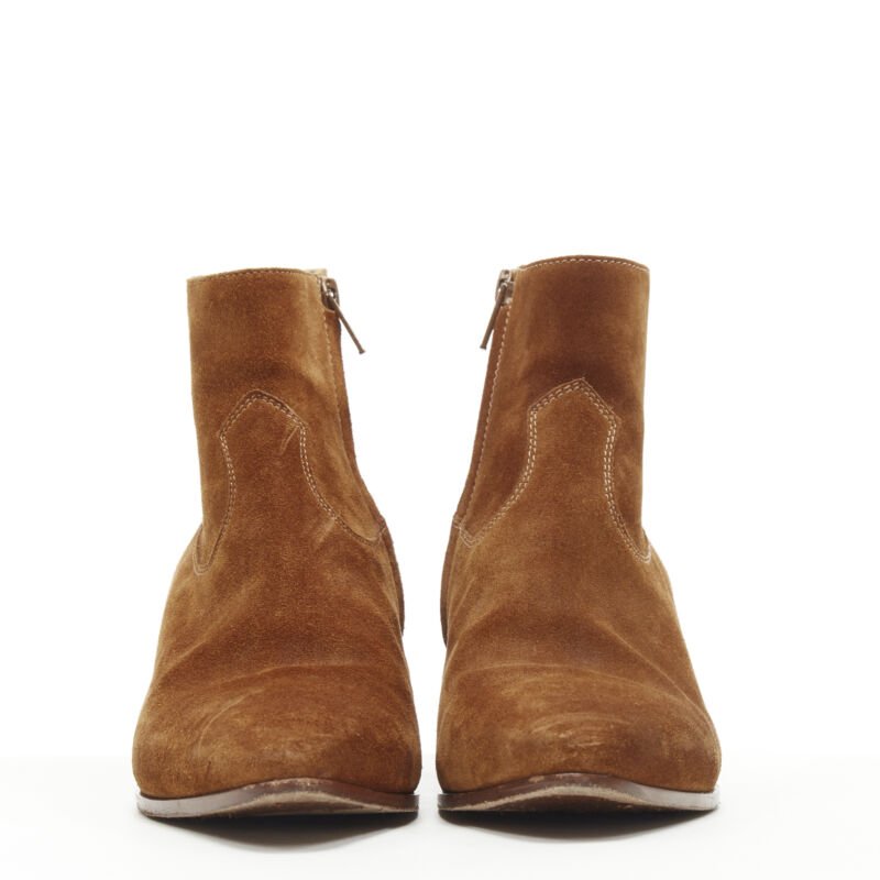Women's Saint Laurent Wyatt tan brown suede almond toe boots