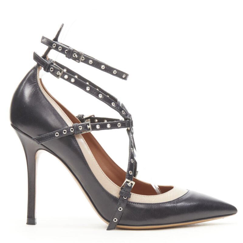 Women's Valentino leather silver grommet stud bondage harness pump