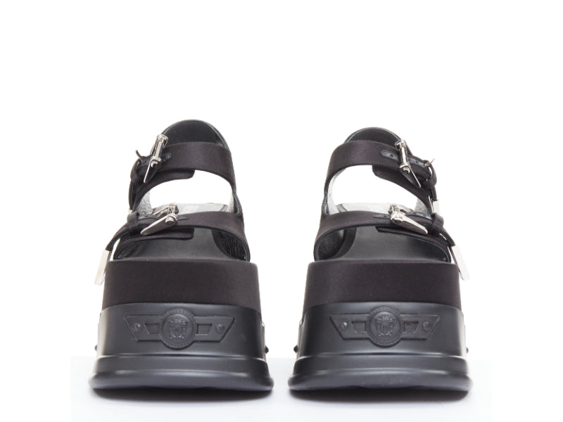 Women's Versace Black satin silk silver Medusa sandals