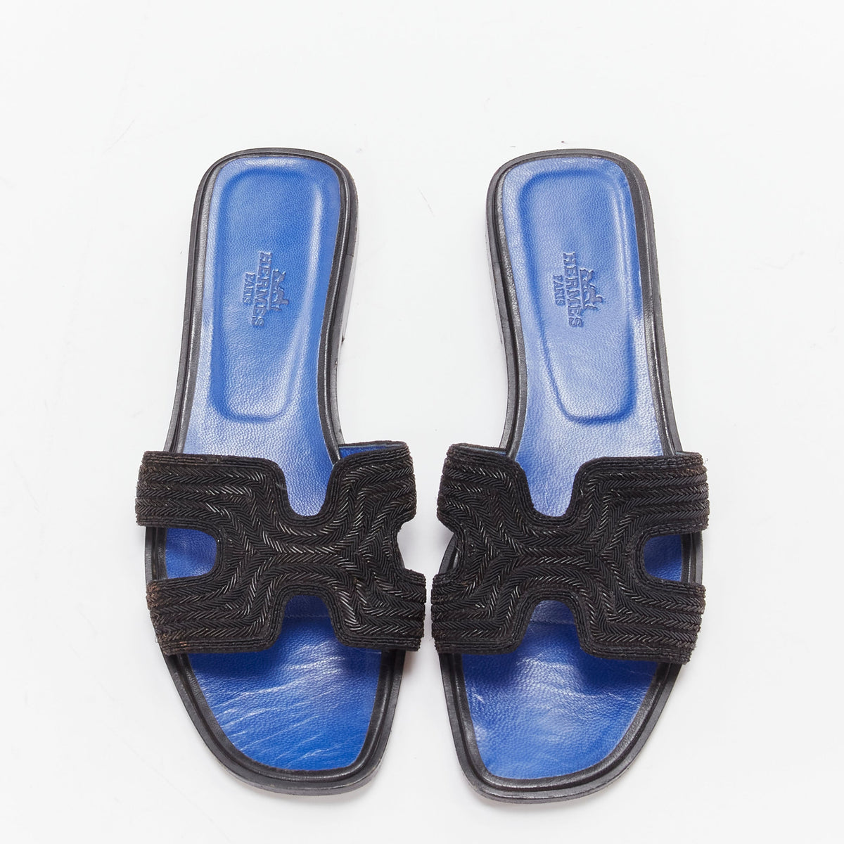 Women's Hermes Oran H logo beaded blue insole sandals