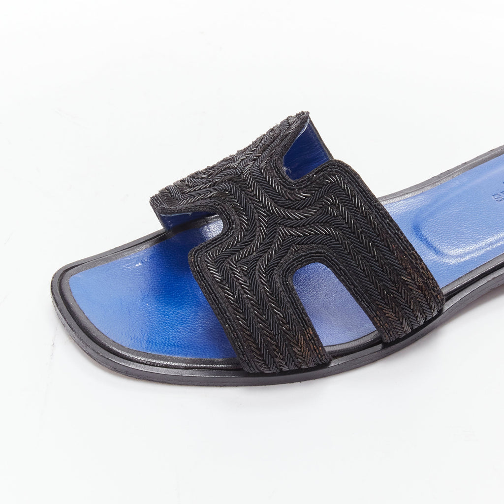 Women's Hermes Oran H logo beaded blue insole sandals