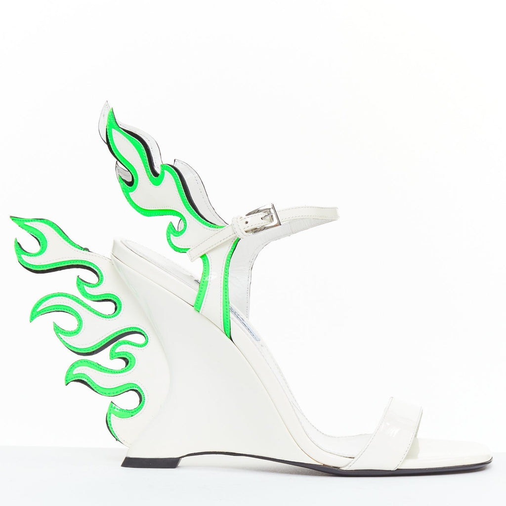 Women's Prada Flame Wedge white neon green patent Fire heel sandals