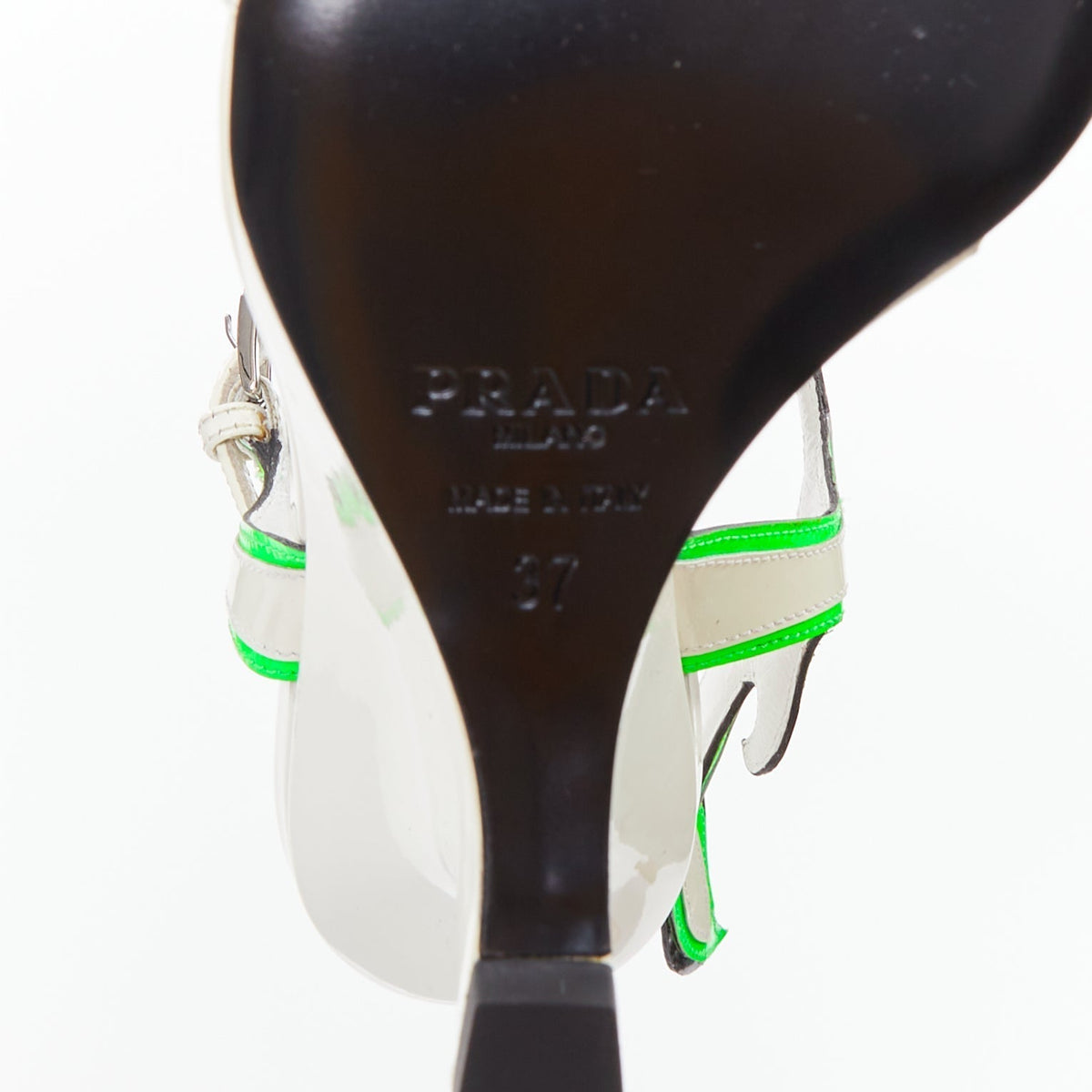 Women's Prada Flame Wedge white neon green patent Fire heel sandals