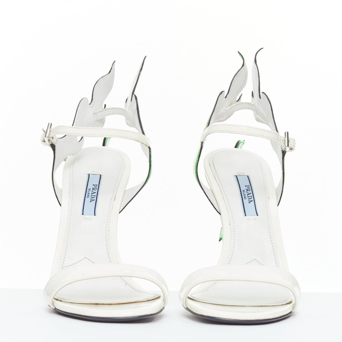 Women's Prada Flame Wedge white neon green patent Fire heel sandals