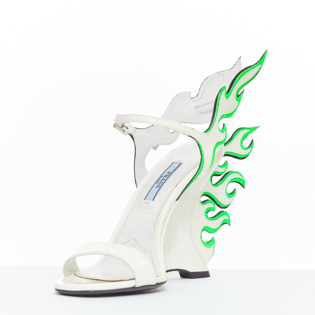 Women's Prada Flame Wedge white neon green patent Fire heel sandals