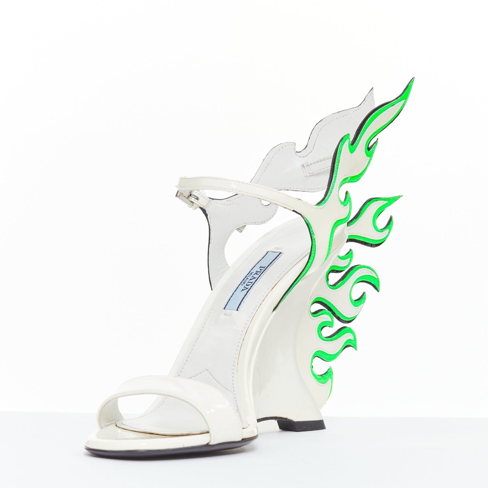 Women's Prada Flame Wedge white neon green patent Fire heel sandals