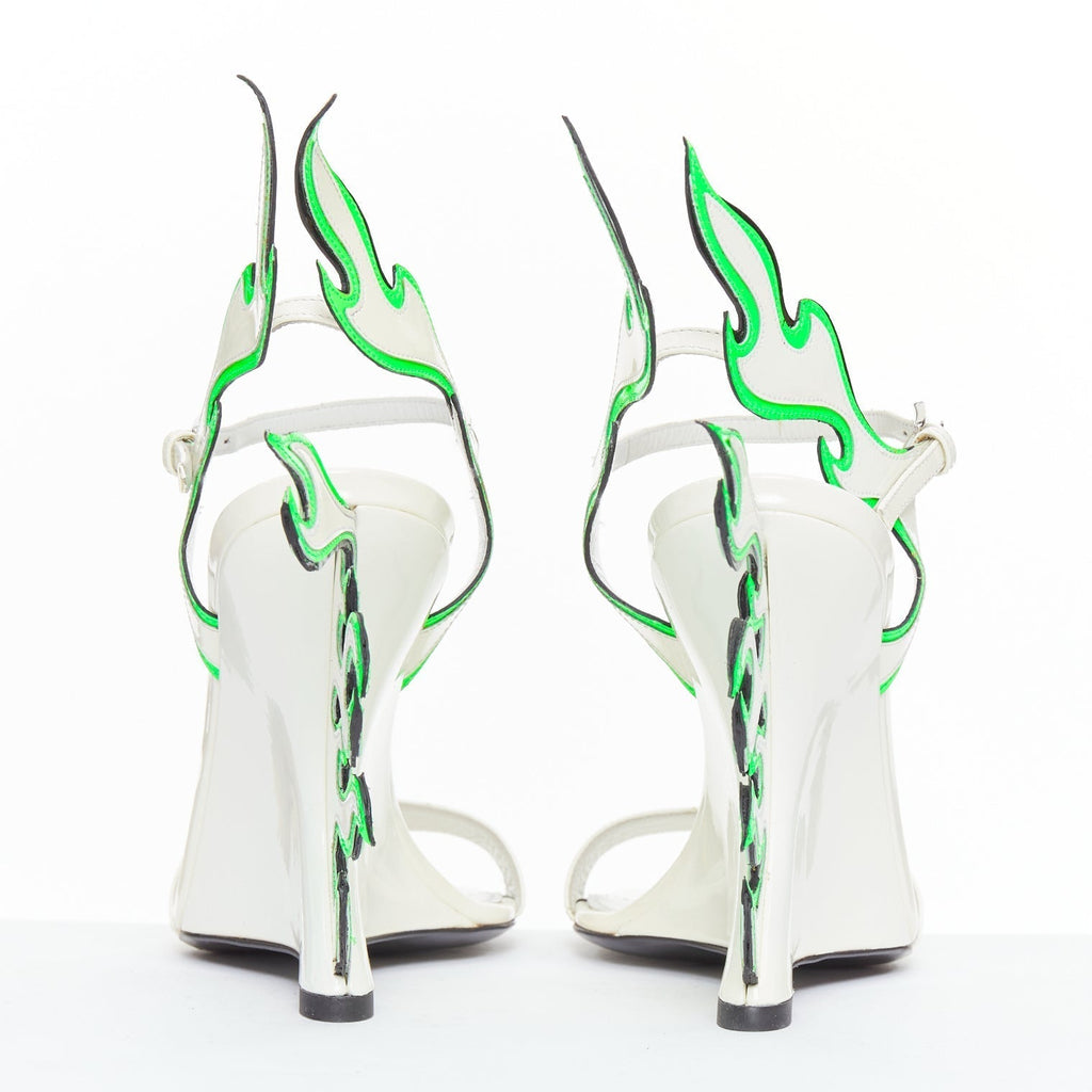 Women's Prada Flame Wedge white neon green patent Fire heel sandals