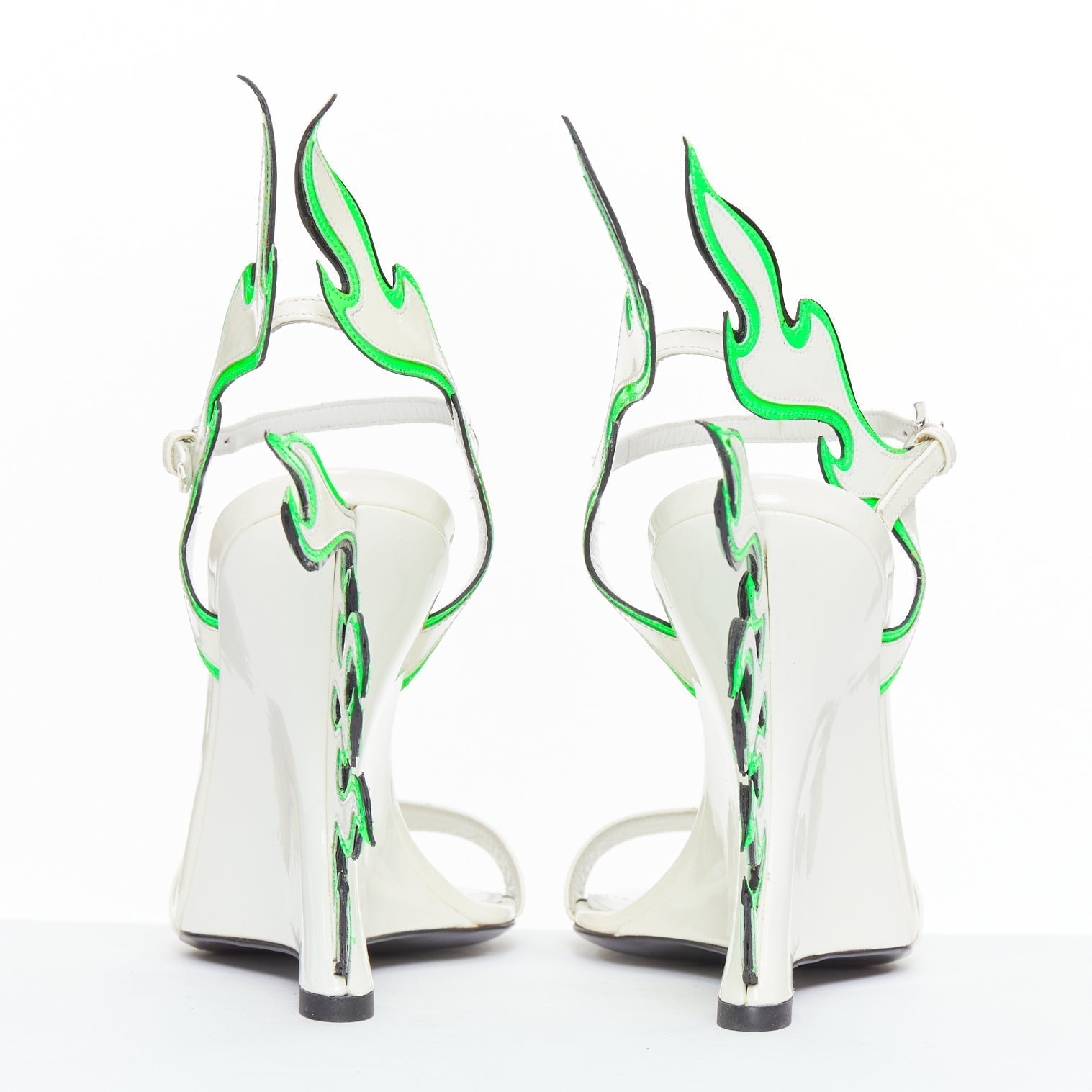 Women's Prada Flame Wedge white neon green patent Fire heel sandals