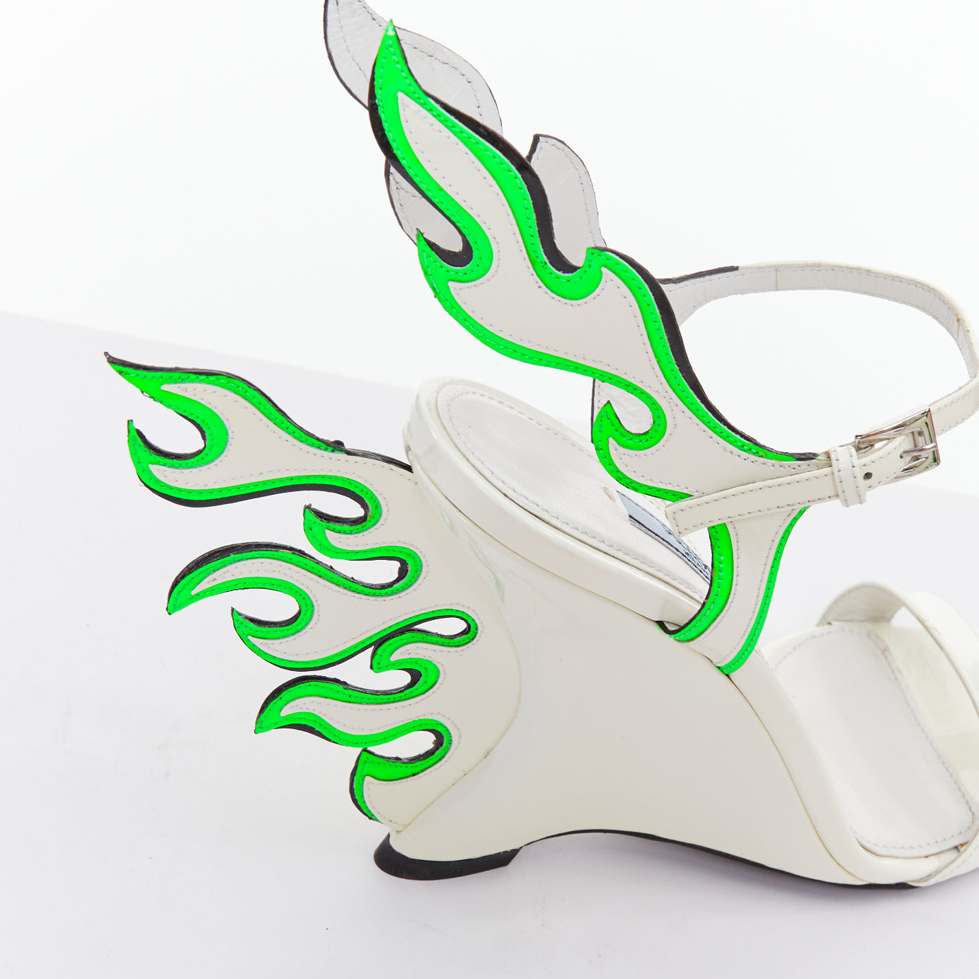 Women's Prada Flame Wedge white neon green patent Fire heel sandals