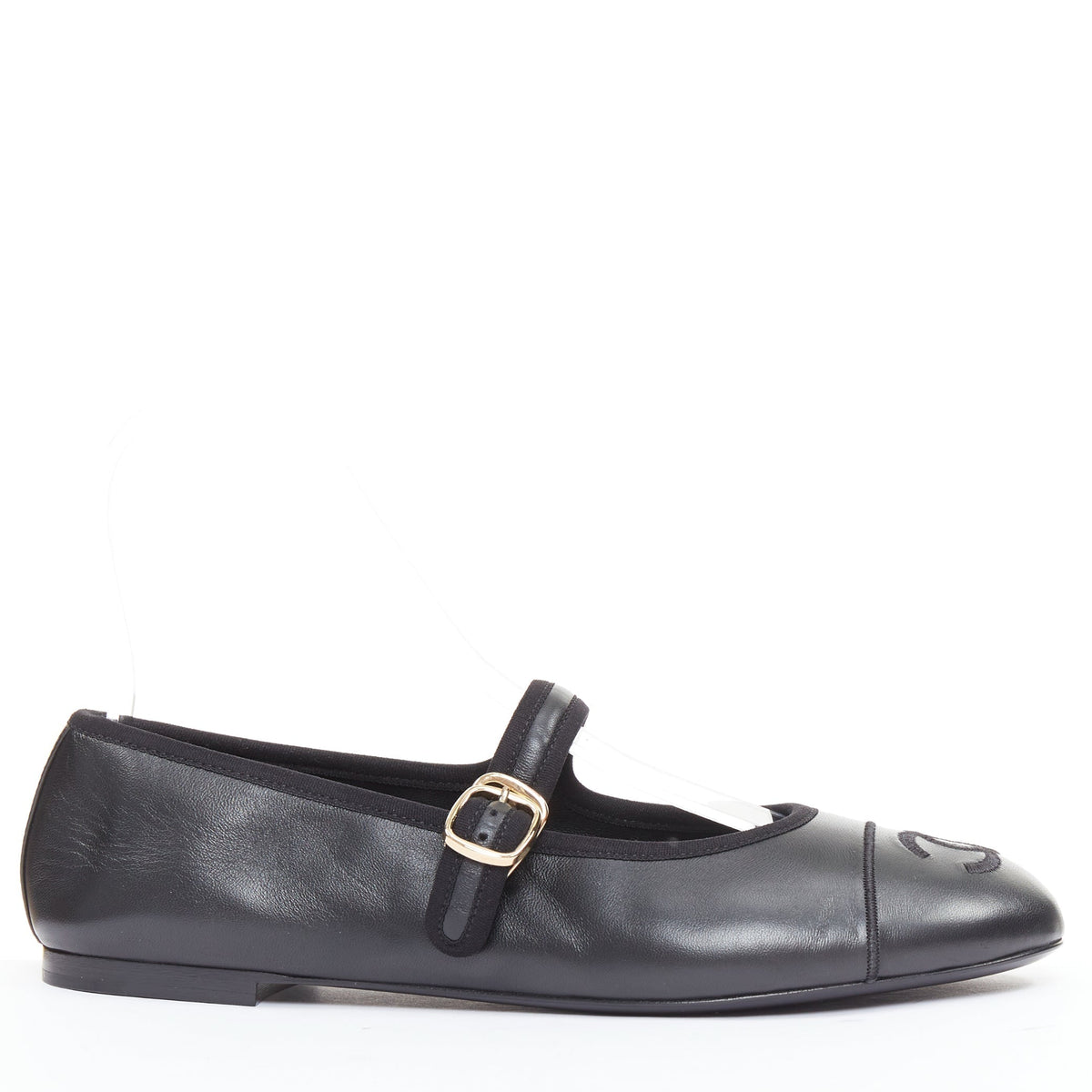 Women's Chanel black soft lambskin stitched CC cap toe flats