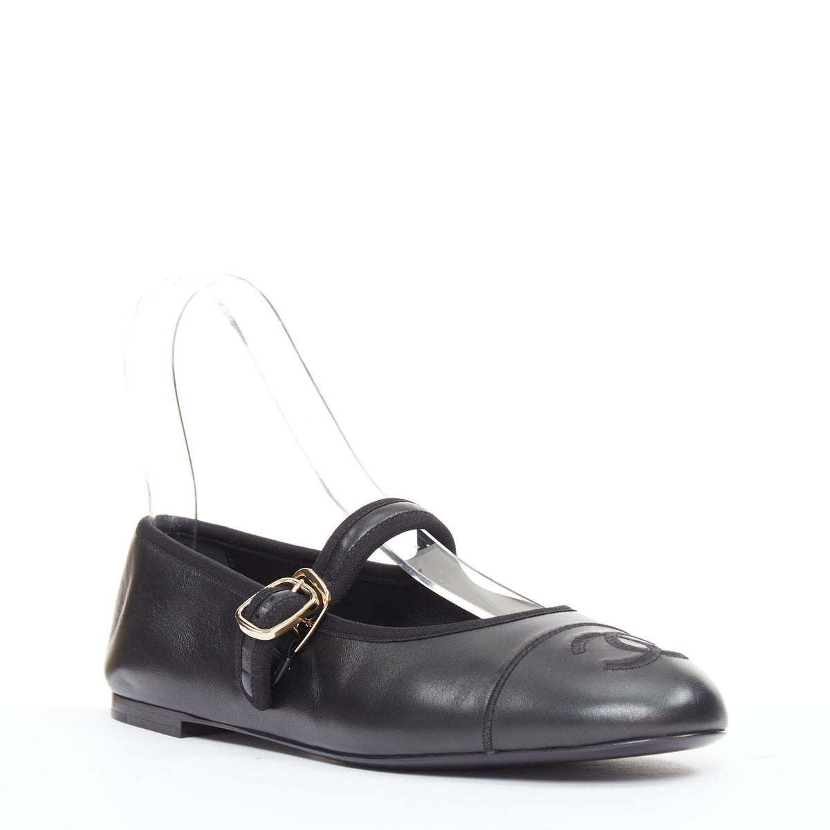 Women's Chanel black soft lambskin stitched CC cap toe flats