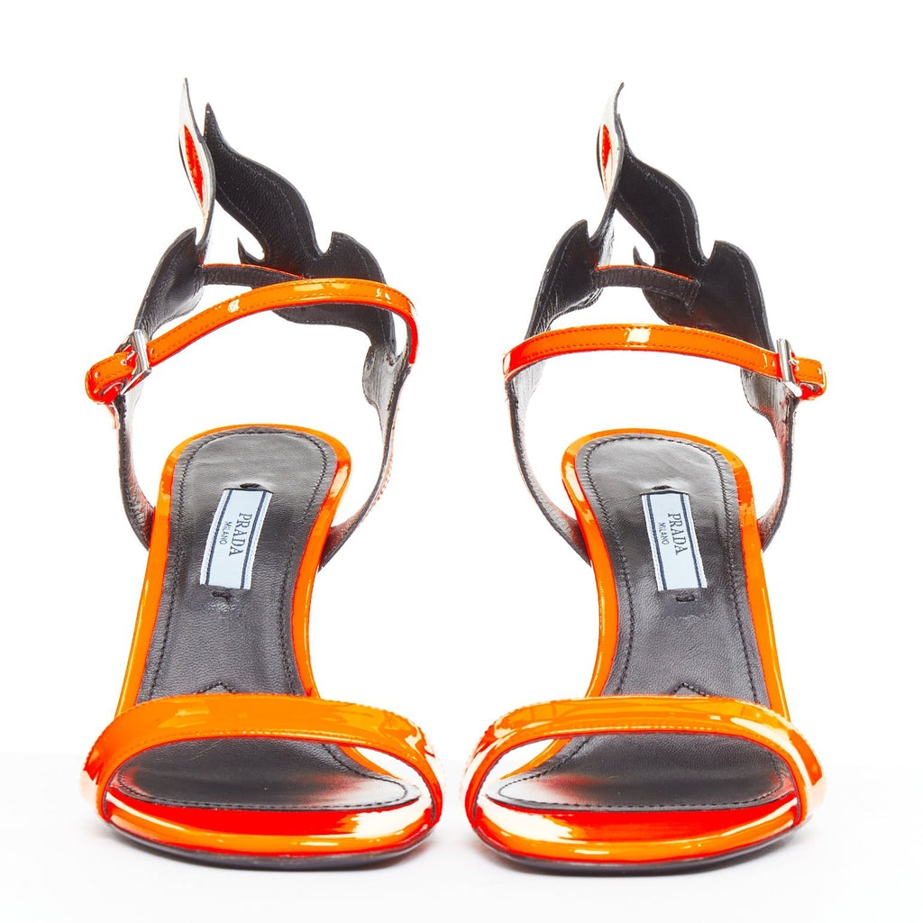 Women's Prada Flame bright orange patent Fire mid heel sandals