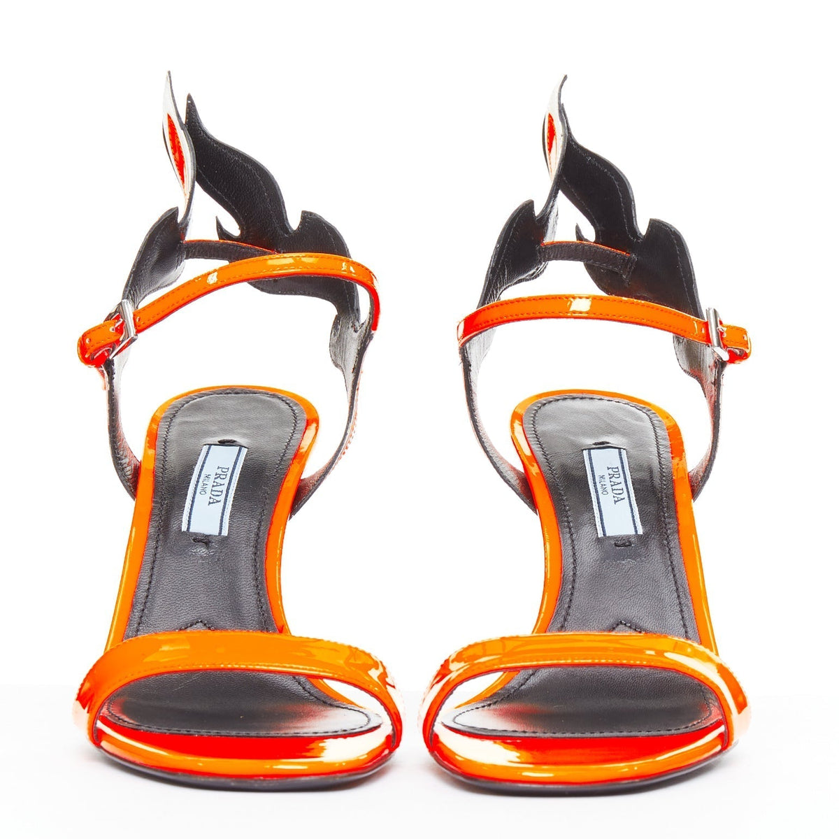Women's Prada Flame bright orange patent Fire mid heel sandals