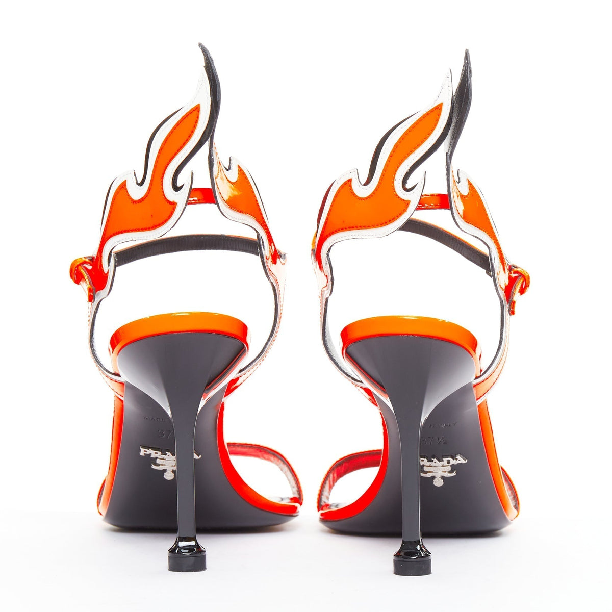 Women's Prada Flame bright orange patent Fire mid heel sandals