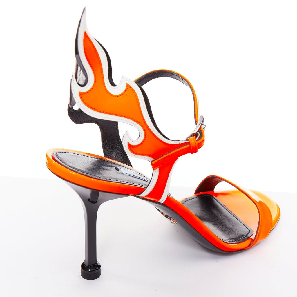 Women's Prada Flame bright orange patent Fire mid heel sandals