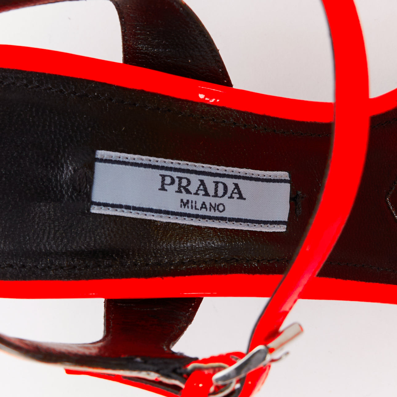 Women's Prada Flame bright orange patent Fire mid heel sandals