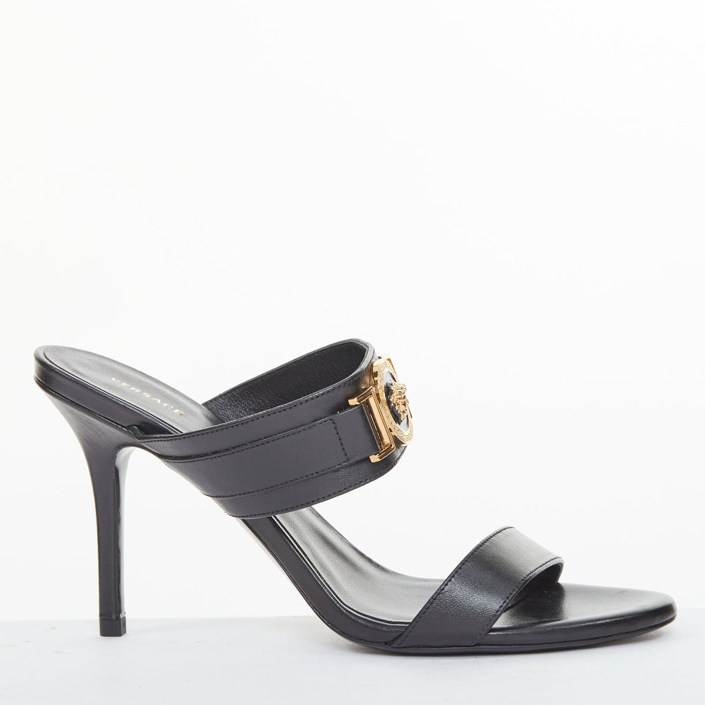 Women's Versace gold buckle black leather sandals