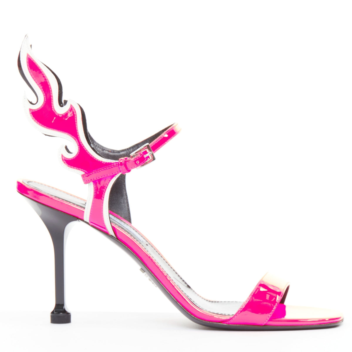 Women's Prada Flame pink patent Fire mid heel sandals