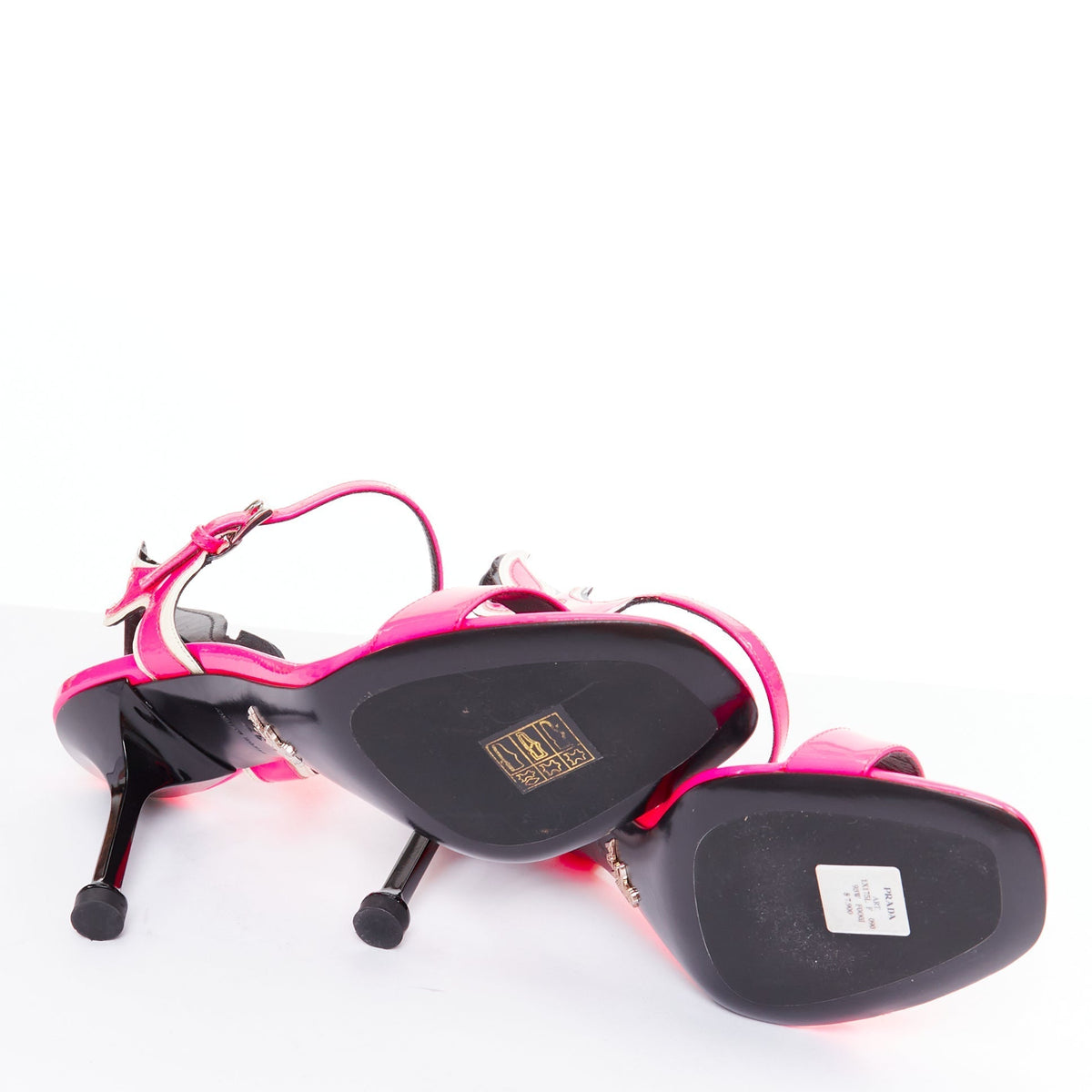 Women's Prada Flame pink patent Fire mid heel sandals