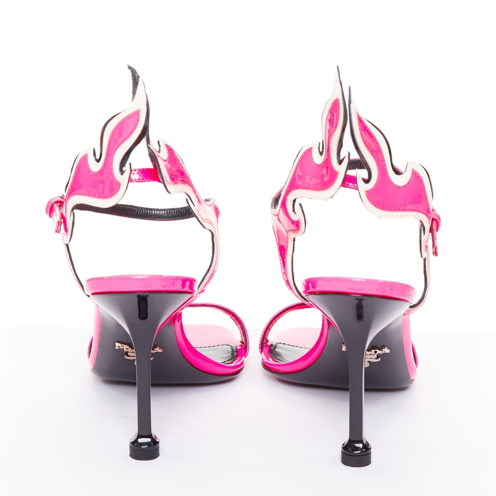 Women's Prada Flame pink patent Fire mid heel sandals