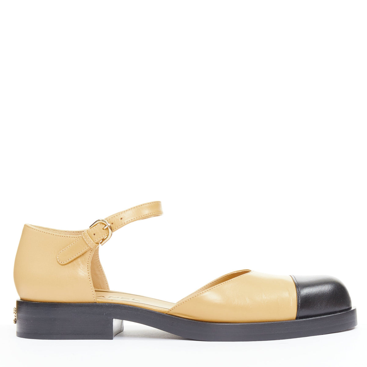 Women's Chanel beige lambskin interlocking CC chain black flats