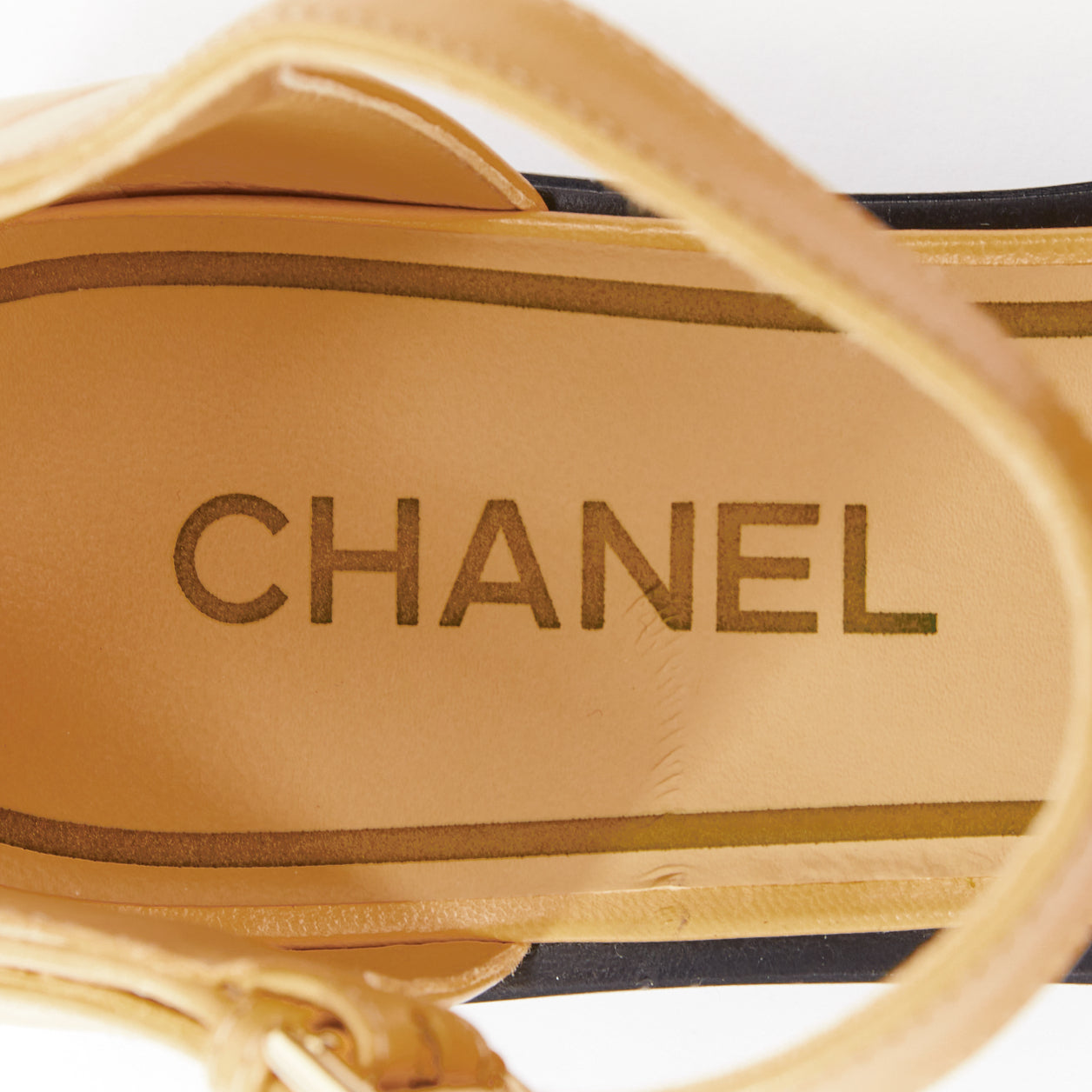 Women's Chanel beige lambskin interlocking CC chain black flats