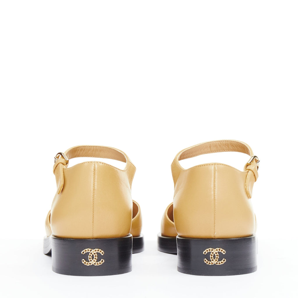 Women's Chanel beige lambskin interlocking CC chain black flats
