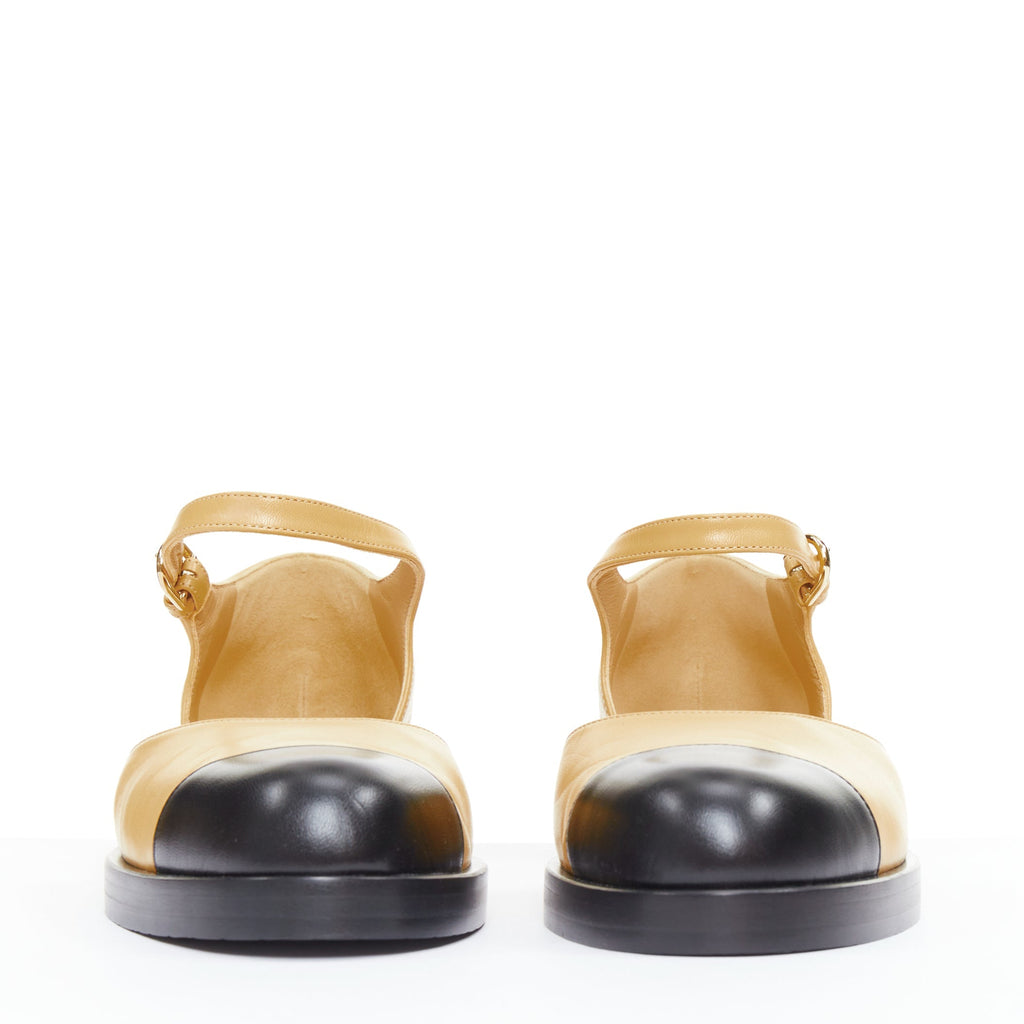 Women's Chanel beige lambskin interlocking CC chain black flats