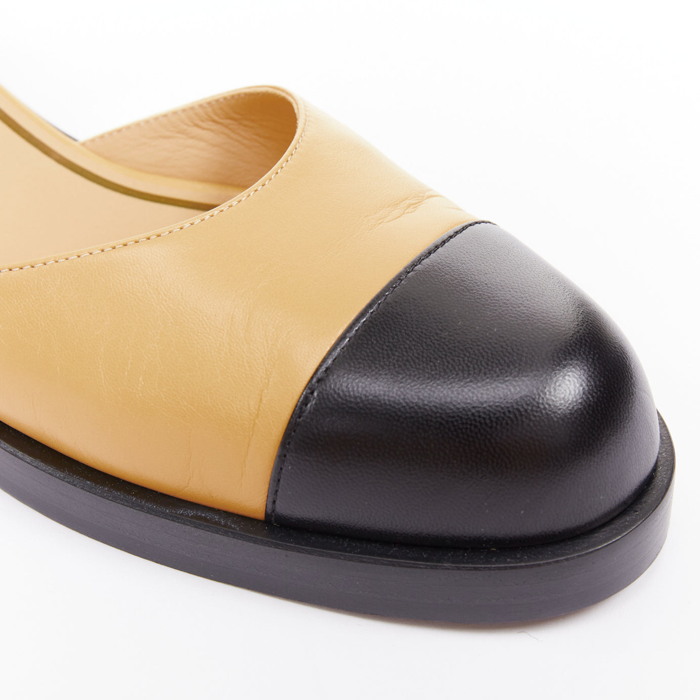 Women's Chanel beige lambskin interlocking CC chain black flats
