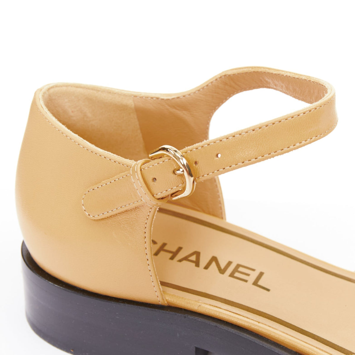 Women's Chanel beige lambskin interlocking CC chain black flats