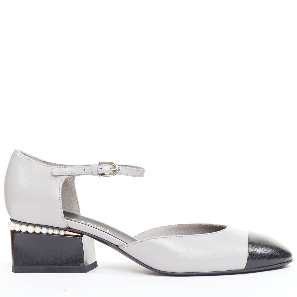 Women's Chanel grey leather pearl trimmed CC logo block heel pumps
