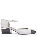 Women's Chanel grey leather pearl trimmed CC logo block heel pumps