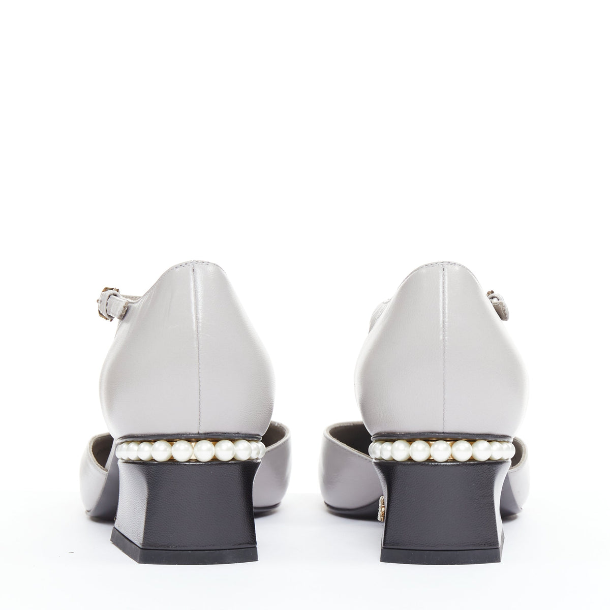 Women's Chanel grey leather pearl trimmed CC logo block heel pumps
