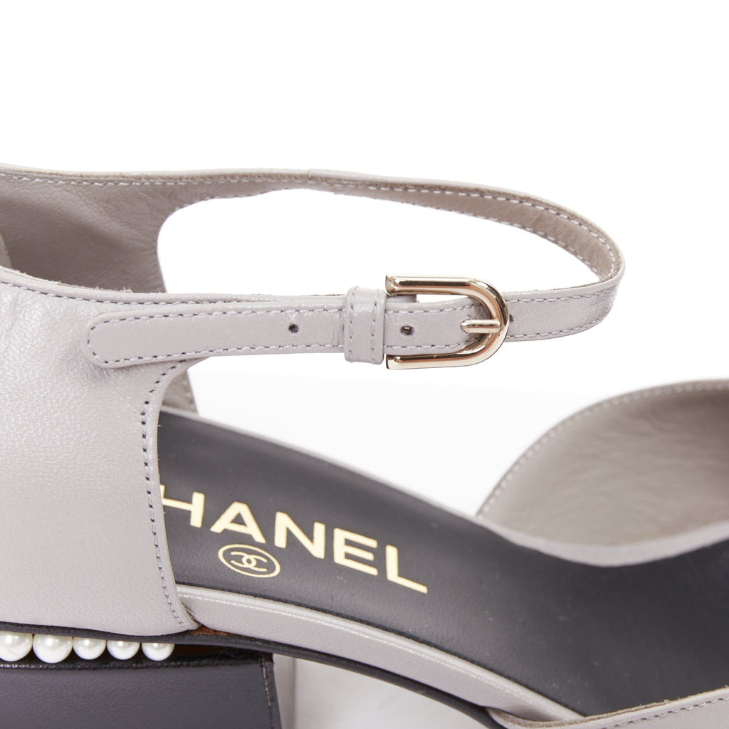 Women's Chanel grey leather pearl trimmed CC logo block heel pumps