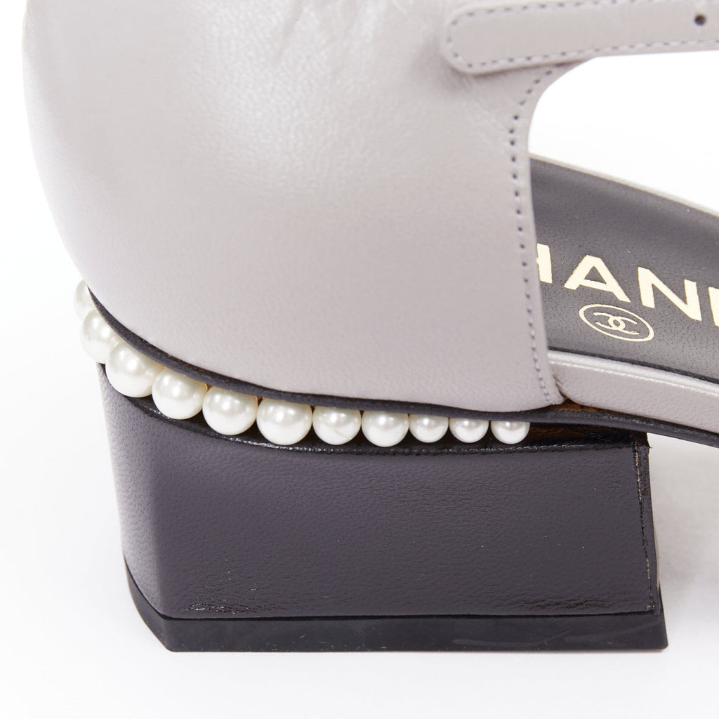Women's Chanel grey leather pearl trimmed CC logo block heel pumps