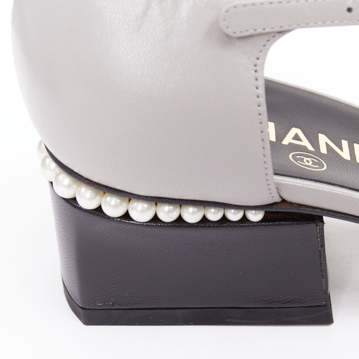 Women's Chanel grey leather pearl trimmed CC logo block heel pumps