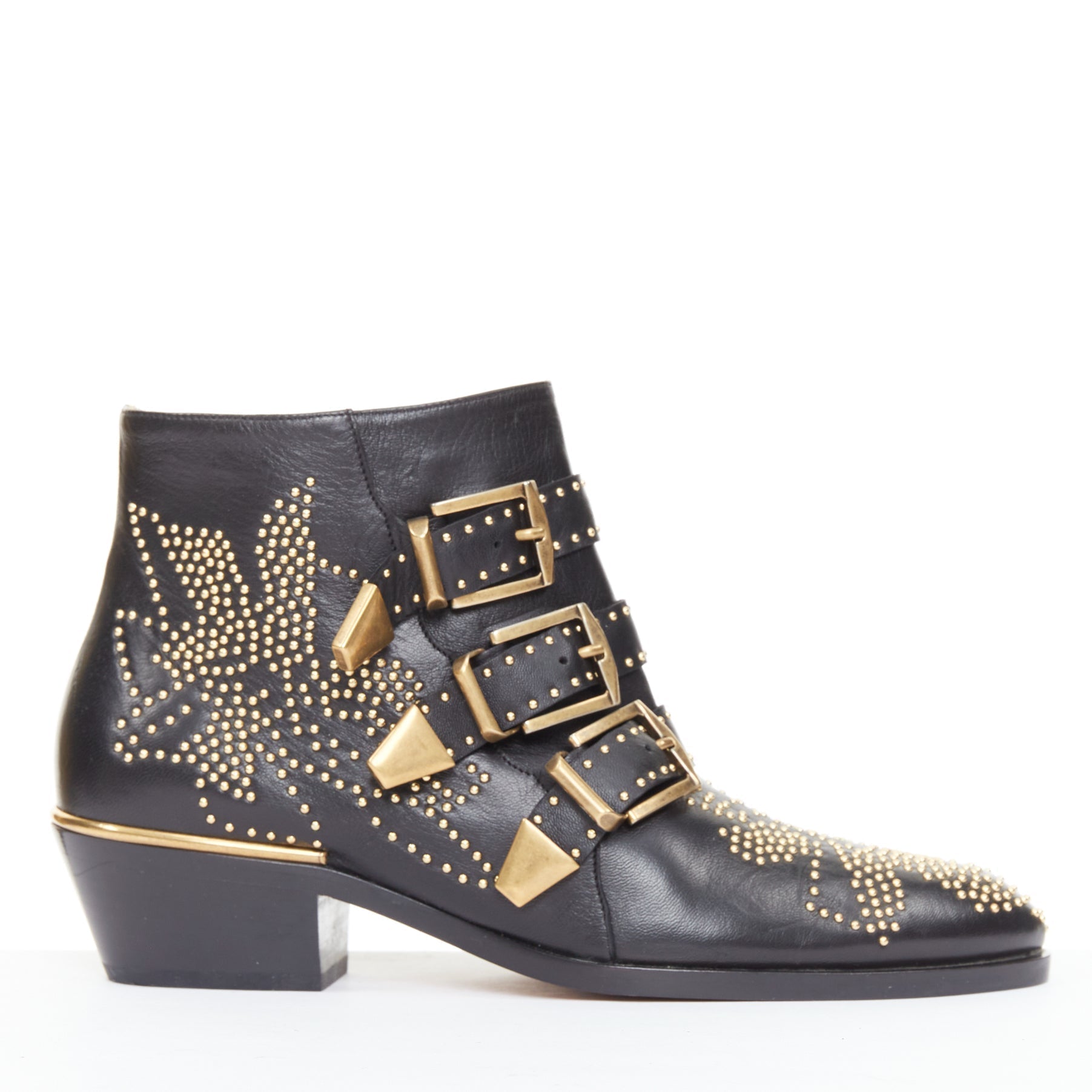 Women's Chloe Susanna black leather gold floral studded triple buckle boots