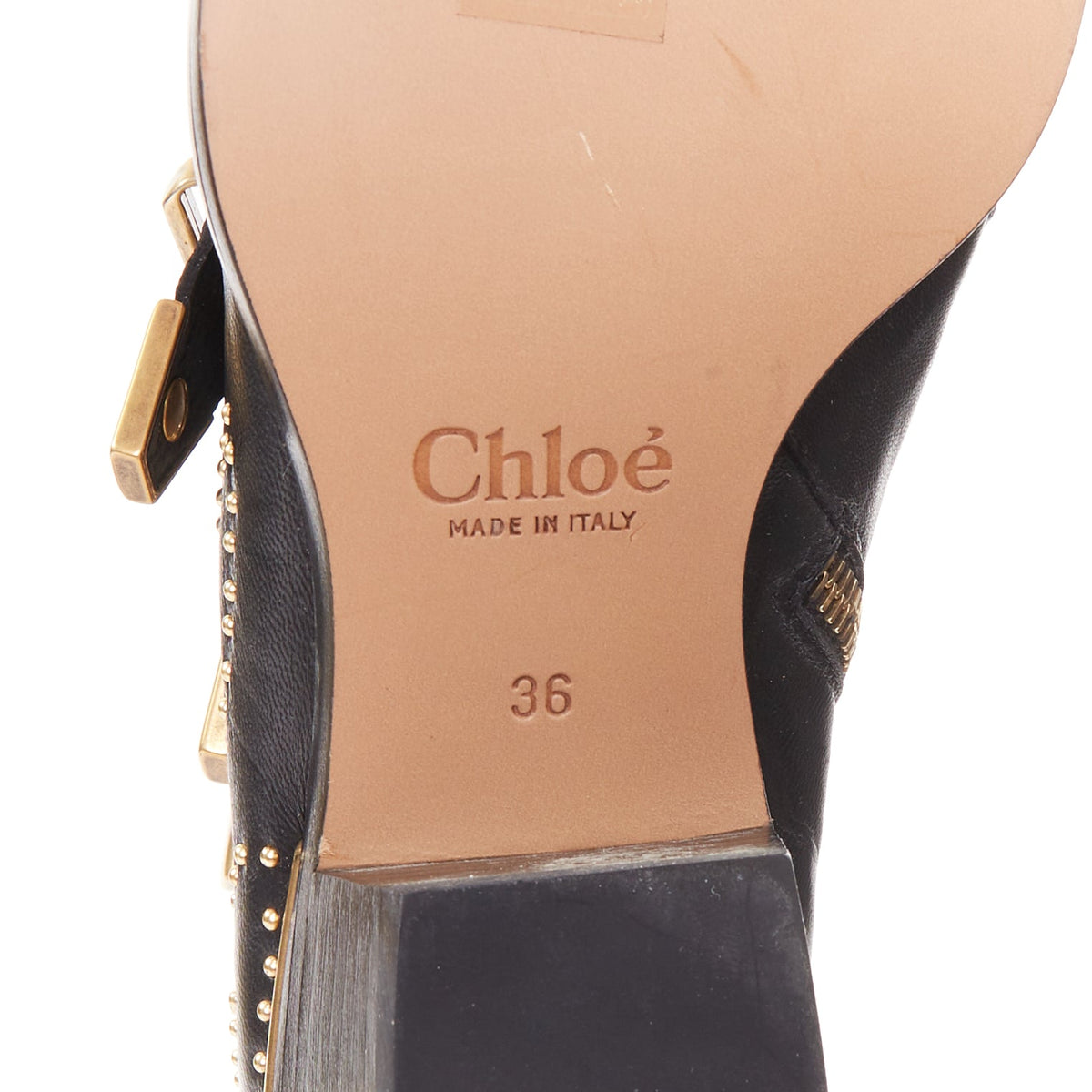 Women's Chloe Susanna black leather gold floral studded triple buckle boots