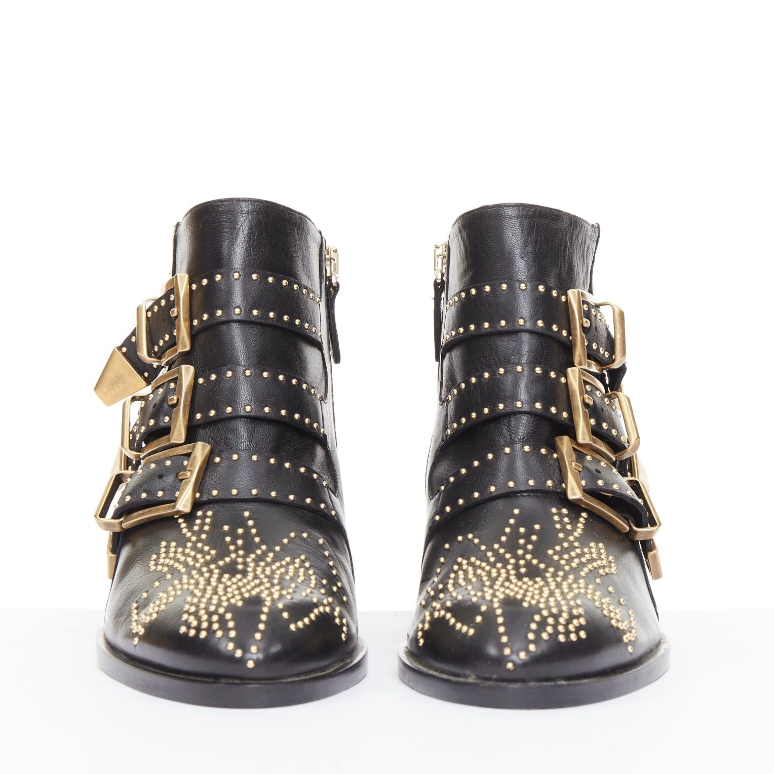 Women's Chloe Susanna black leather gold floral studded triple buckle boots
