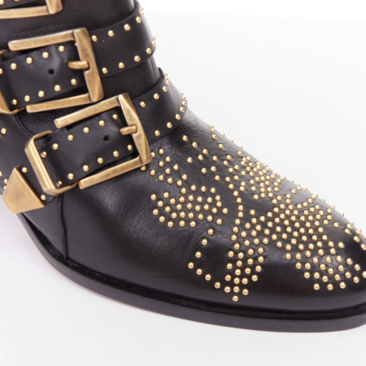 Women's Chloe Susanna black leather gold floral studded triple buckle boots